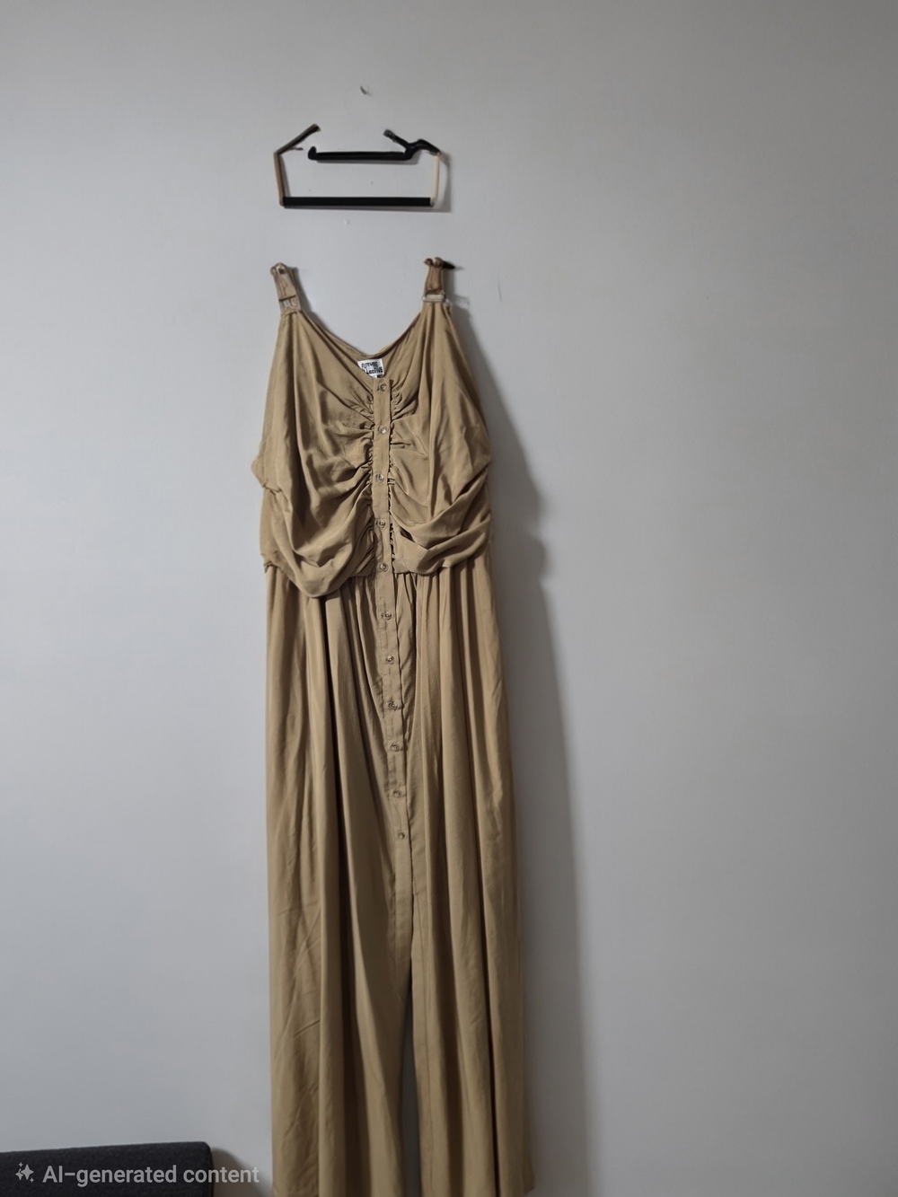 Neutral Beige Button-Front Maxi Dress with Gathered Bodice